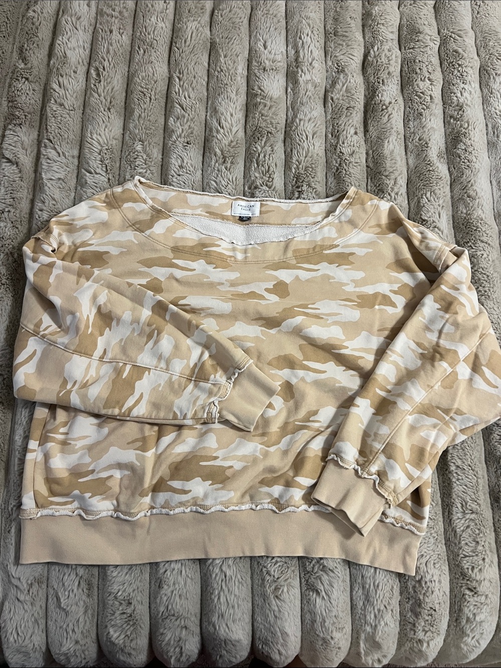 American Eagle Outfitters Beige & Cream Camo off the shoulder crew neck
